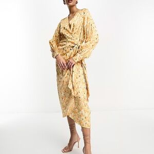 Never Fully Dressed satin wrap midi dress in pastel/gold mix